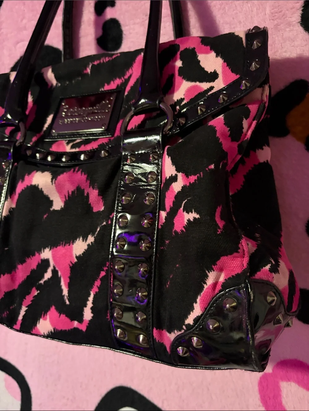 Pink and Black Zebra-Print Studded Shoulder Bag